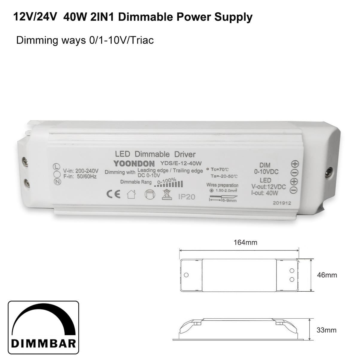 AC 220V Dimmable LED Driver DC12V/24V 20W 40W 60W Triac &amp; 0-10V Dimming 2in1 Power Supply Lighting Transformer: 40W / 24V
