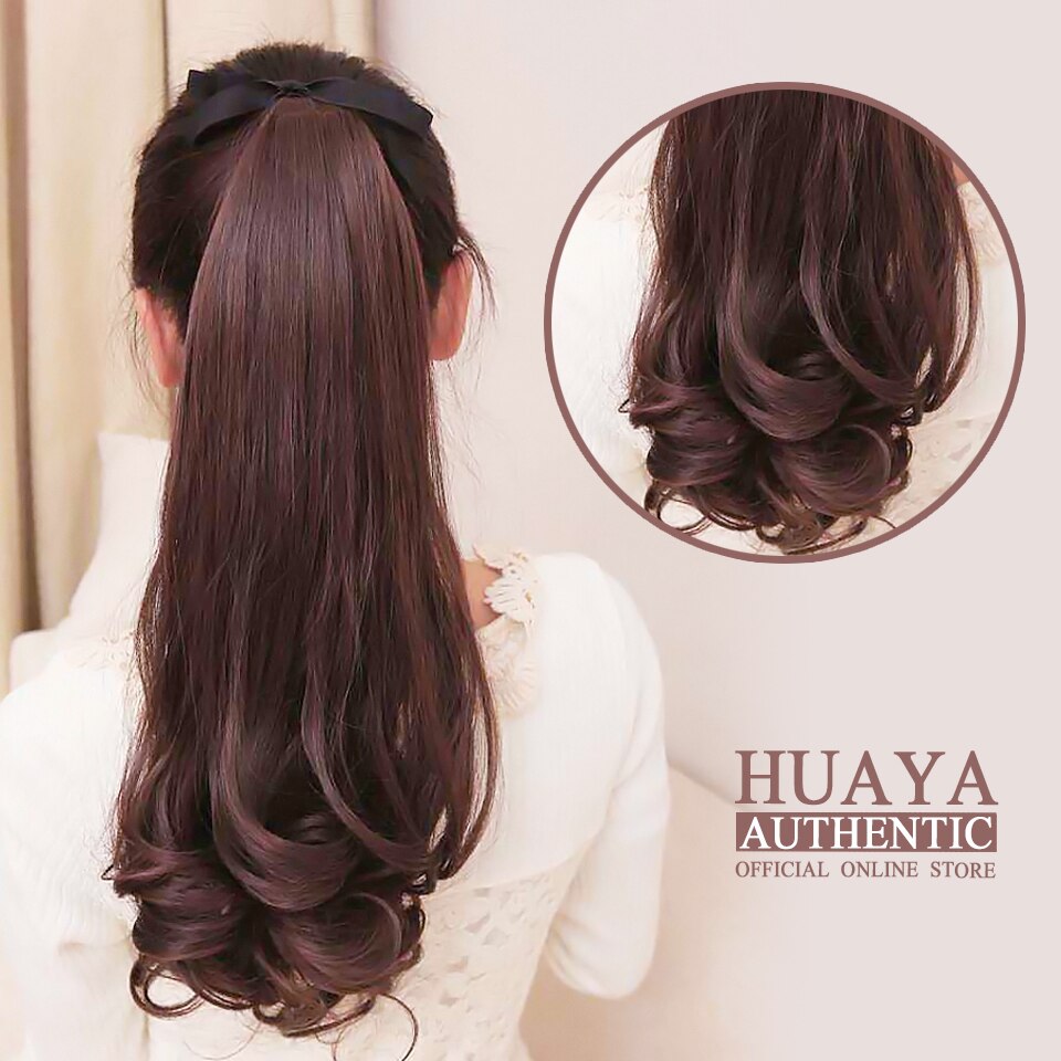 HUAYA 22 Inch Synthetic Long Curly Ponytail Clip In Hair Extensions Tail on False Hair Black Blonde Brown Pony Tail Hairpieces