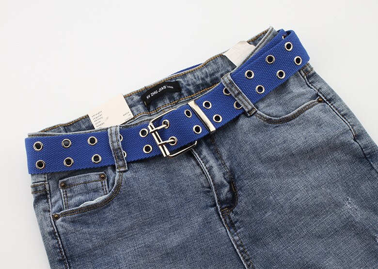 Dubbel genomföring hål spänne bälte brett canvas webbbälte kvinnlig manlig svart röd vit midjeband bälten för kvinnor män jeans: Blå