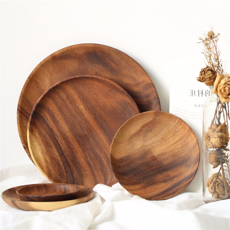 Round Solid Wood Plate Whole Acacia Wood Fruit Dishes Wooden Saucer Tea Tray Dessert Dinner Breakfast Plate Tableware Set