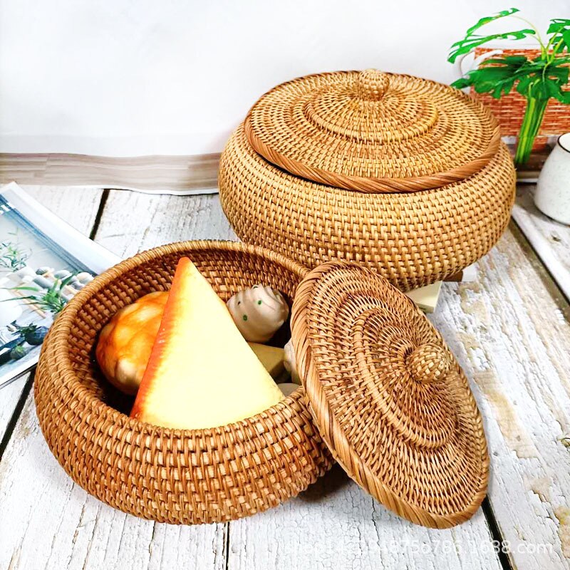Runde Rattan Boxen mit Deckel Hand-gewebte Multi-Zweck Weide Taskleiste 11 Zoll Picknick Lebensmittel Brot Tisch Lagerung korb