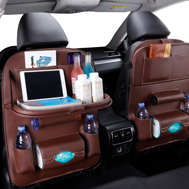 Bilsæde ryg arrangør pu læder pad taske opbevaring arrangør foldbar bordbakke rejse opbevaring taske auto tilbehør
