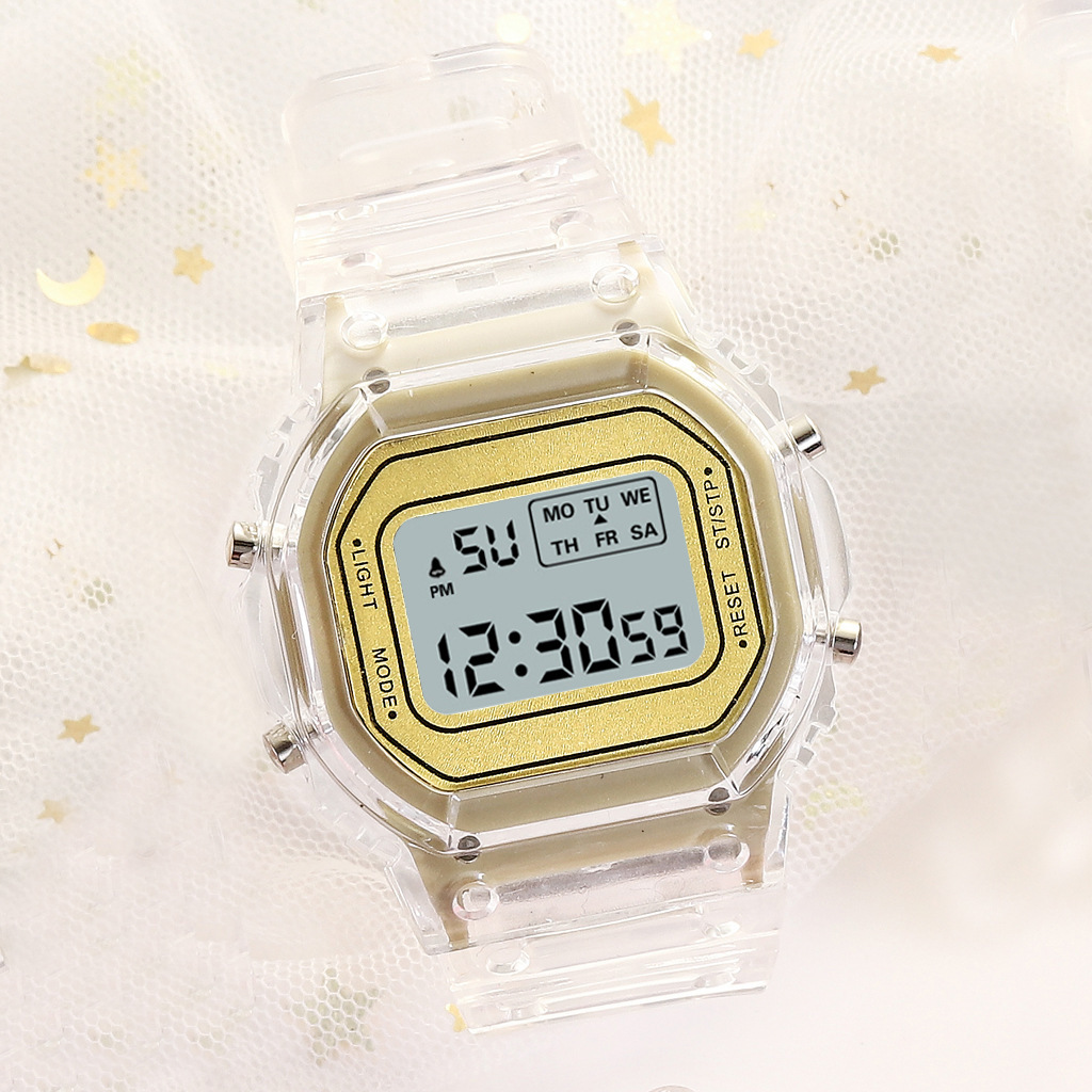 LED Digital Watch Crystal Square Women Watches PCV / F91W Steel Strap Sports Watches Electronic Wrist Band Clock Students: Gold-A