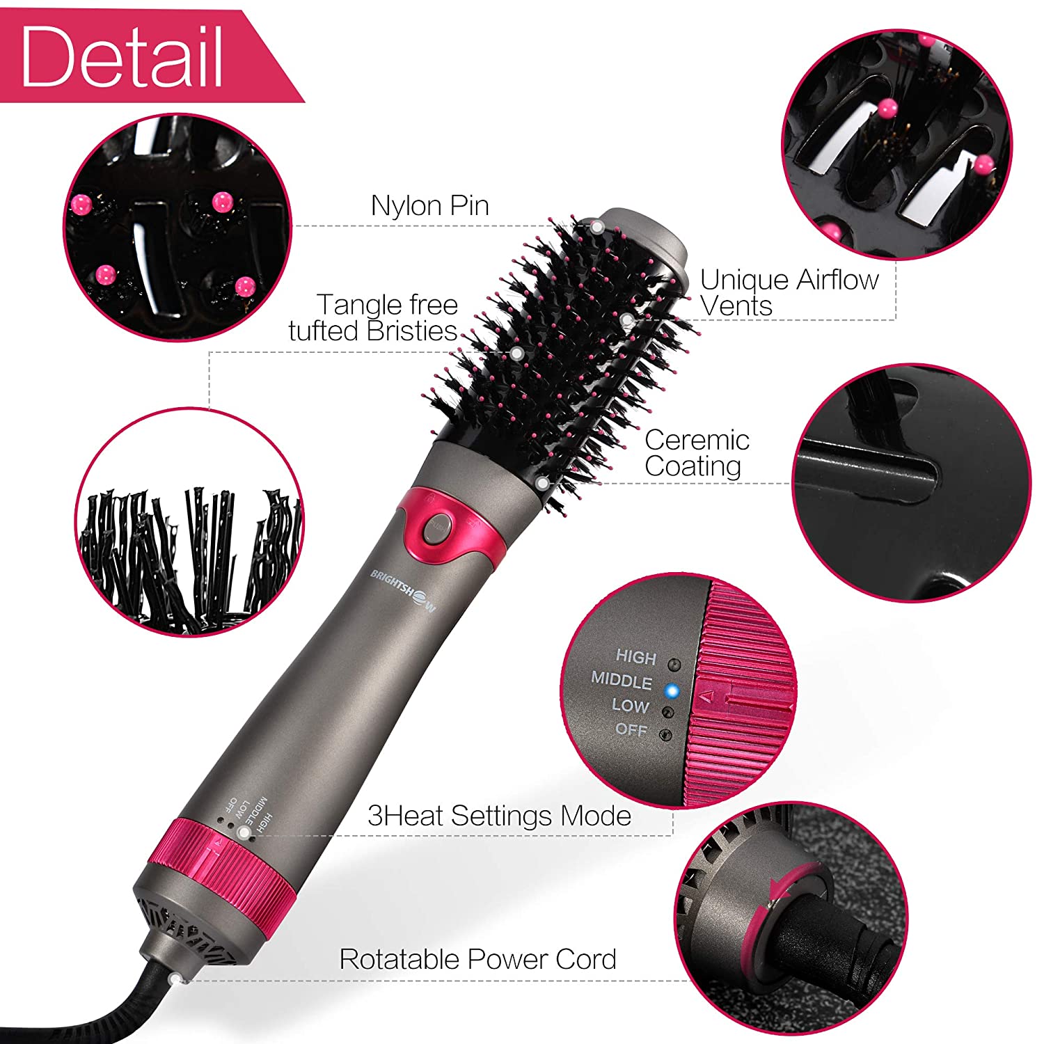 Air Brush 3 in 1 Hair Tool Hair Dryer Brush Hair Styler Dryer Volumizer Negative Ionic Ceramic Blow Dryer
