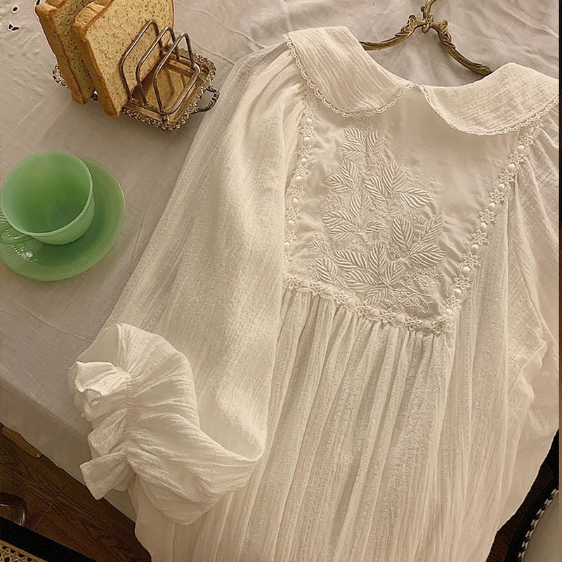Camisones largos de algodón blanco con bordado Vintage para mujer, ropa de dormir Floral, vestido de noche para primavera y otoño