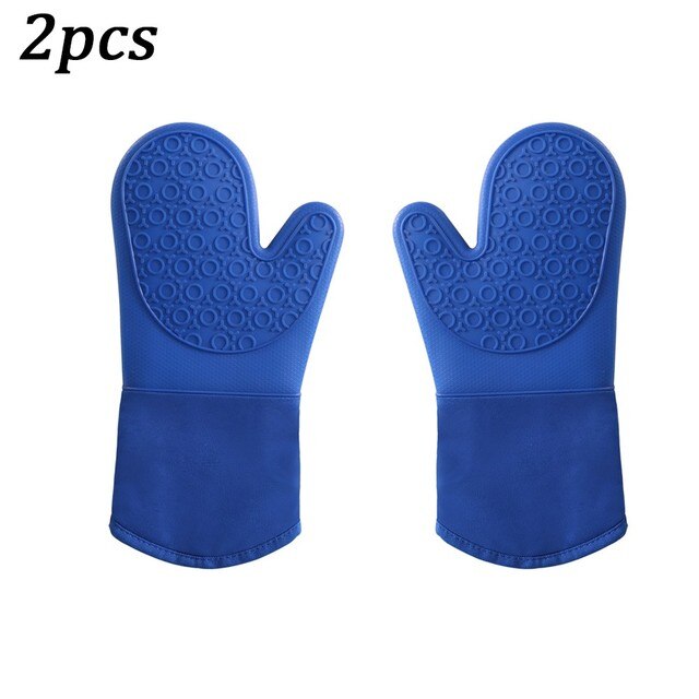 Non-slip Silicone Oven Mitt Heat Resistant Waterproof Long Cotton Kitchen Baking Waterproof Long Cotton Kitchen Baking Gadgets: Navy blue  2pcs