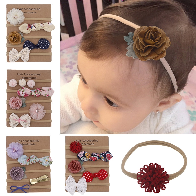 5 Stks/set Nylon Baby Hoofdband Bloem Bows Elastische Kinderen Tulband Pasgeboren Baby Peuter Haarbanden Voor Meisjes Baby Haar Accessoires