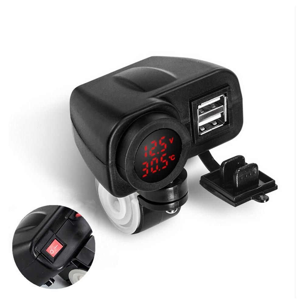 Rode Led 12V Motorfiets Auto Usb Lader 2.1A + 2.1A W/Digitale Voltmeter + Thermometer