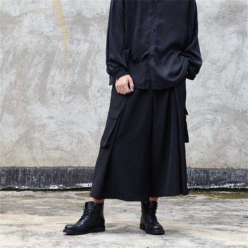 Men's nine minute trousers spring/summer Yamamoto style Dark Black Japanese culottes low crotch wide leg trousers for men