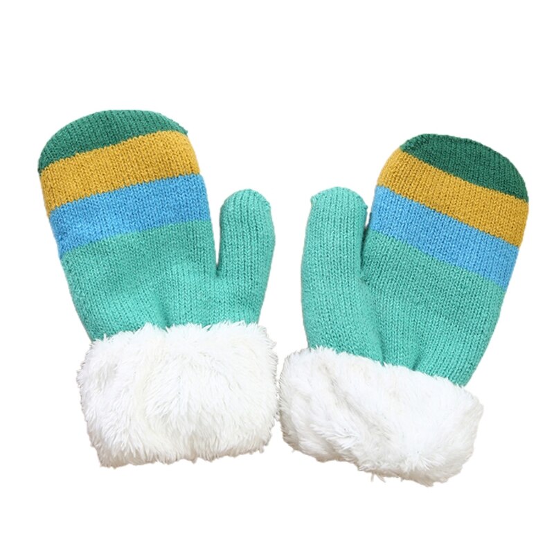 Enfant en bas âge enfants hiver peluche doublé doigt complet mitaines arc-en-ciel rayé tricoté thermique temps froid mitaines chauffe-mains: green