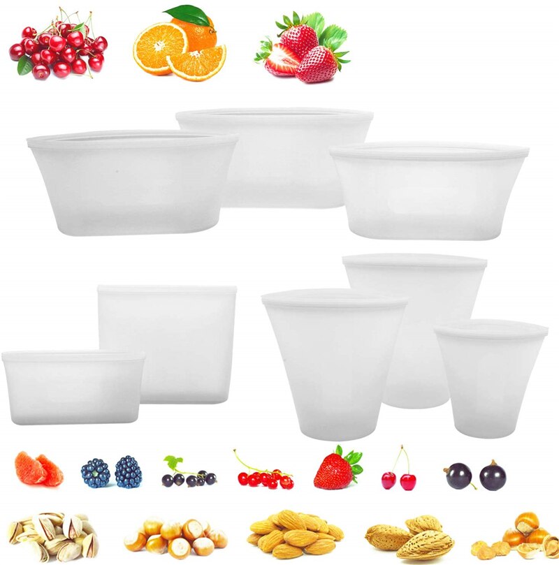 8 stk silikone frisk pose mad opbevaringsbeholdere sæt frisk skål kop taske genanvendelig stå op lynlåse taske frugt grøntsagskop arrangør: Hvid