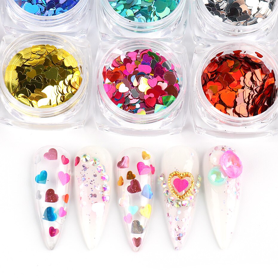 Rött hjärta nagel paljetter glitter mix guld färgglada 3d holografiska nail art flingor skivor paillett manikyr dekorationer ntax 01-18