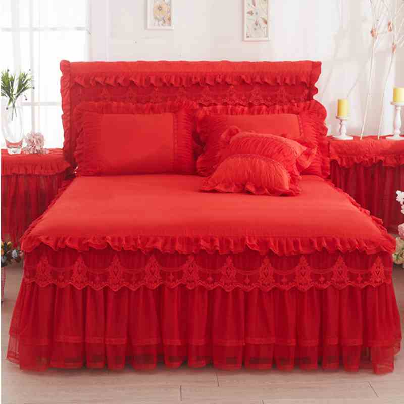 Beige/roze 1 stuk kanten bedrok +2 stuks kussenslopen prinsessenbeddengoed sprei hoeslaken voor meisjes matrashoes kingsize queensize: Rood / 1 stuk rok 150 x 200