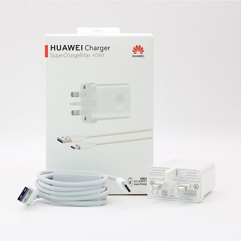 HUAWEI Super Charge 40W Quick Charger 10V/4A 5A Type-C Cable for huawei nova 5 4 p40 p30 p20 pro mate xs 30 20 10 X pro: UK set with box