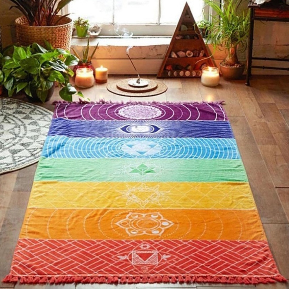 7 Chakra Regenboog Strepen Tapestry Strand Gooi Handdoek Yoga Mat Hight Gemaakt Van Katoen Bohemen India Mandala Deken