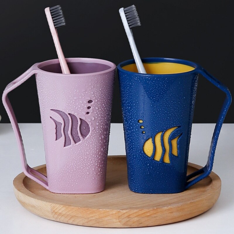 Brushing Cup With Handle Wash Cups Couple Mouthwash Cup-Small Fish Dark Blue With Handle Toothbrush Holder Good Morning