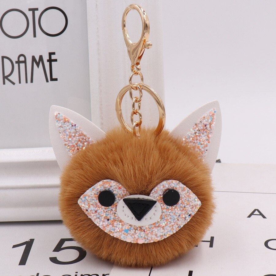 Automne et hiver Style Jade visage renard sac porte-clés modèle Pom-pom porte-clés porte-clés femmes sac pendentif: 13 Coffee  Gold Tone Chain Buckle