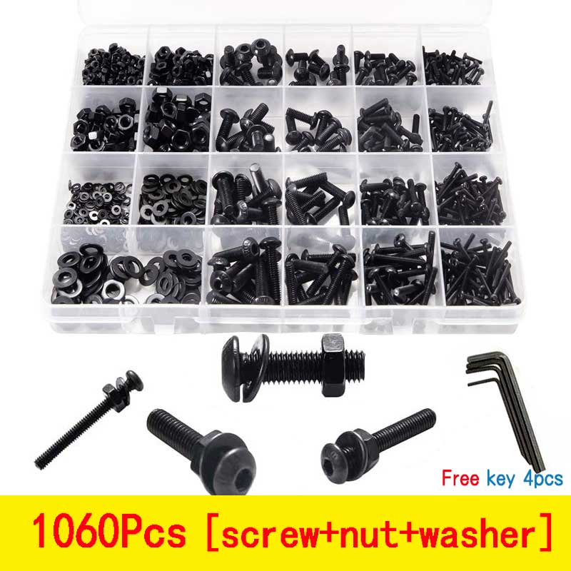1060Pcs/set M2 M3 M4 M5 Black Carbon Steel Allen Hexagon Socket Pan Head Screw Bolt Nut Flat Washer Set Assortment Kit Free Keys