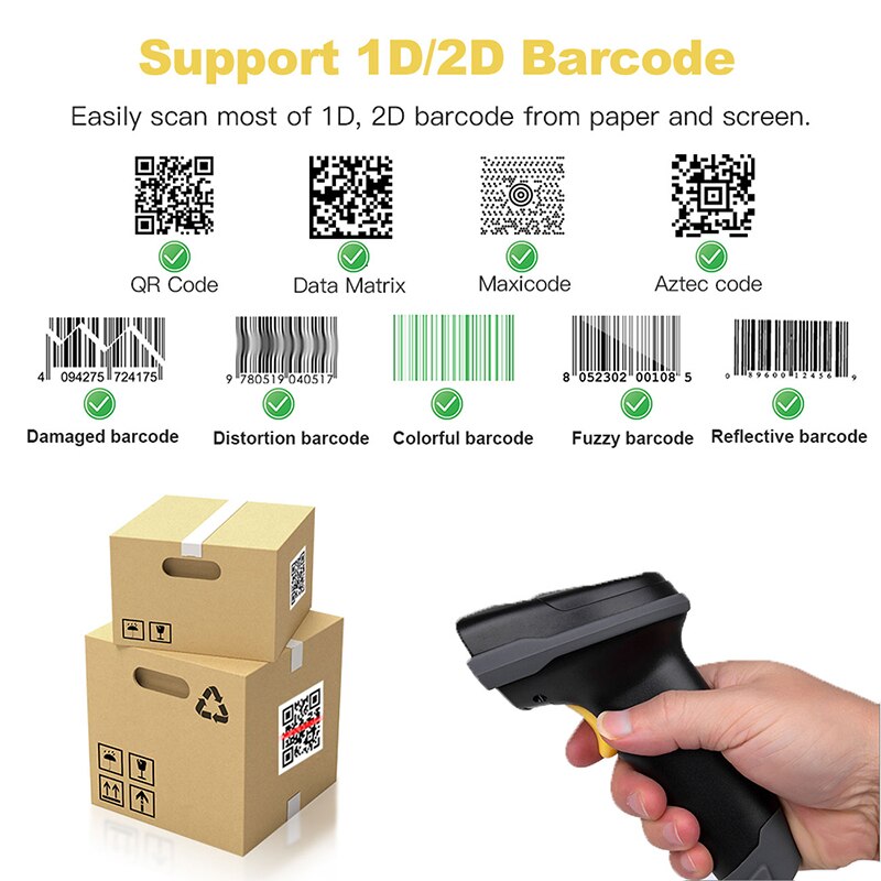 Hstem 2.4G Wireless Bluetooth Barcode Scanner QR PDF417 Data Matrix Handheld Bar Code Reader Support Automatic Sensing Scanning