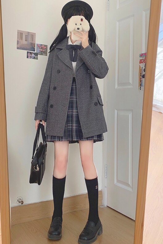Japanese Style JK Uniform Woolen Coat Women's Autumn and Winter Style Loose All-Matching Long Sleeve Woolen Cloth Overcoat