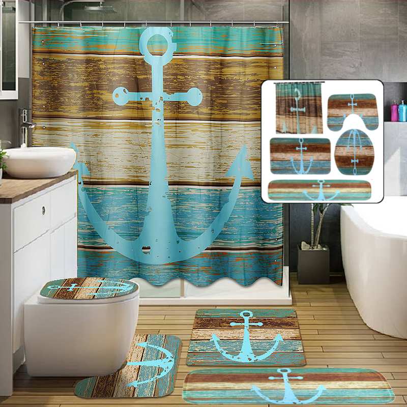 Bathroom Mat set Retro Old Style Anchor Non-Slip Carpet Toilet Seat Cover Shower 178*176cm Curtain Bath Mat Set: Bathroom Mat Set 5pc