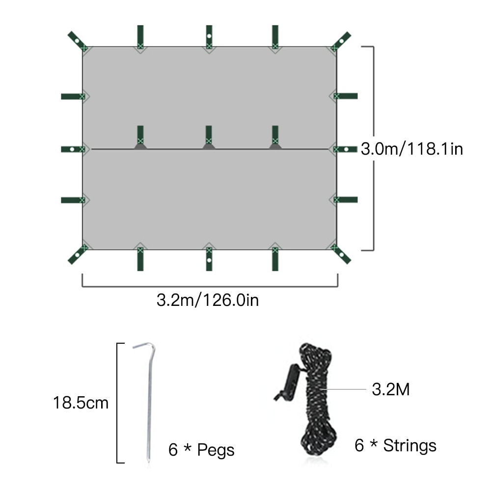 3.2X3M Luifel Waterdicht Tarp Tent Schaduw Vouwen Camping Luifel Ultralight Strand Zon Onderdak Versterkte Stiksels Zilveren Coating