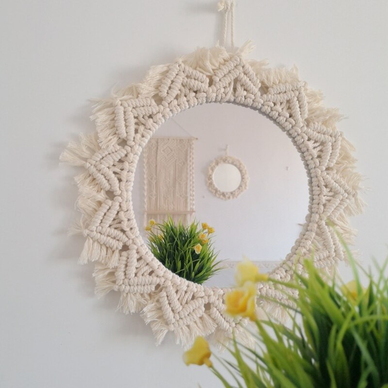 Round Cotton Rope Braided Tassel Mirror Wall Frame Decorative Hanging Makeup Mirror Ideal for Home Hanging Decoration Woven Make: D