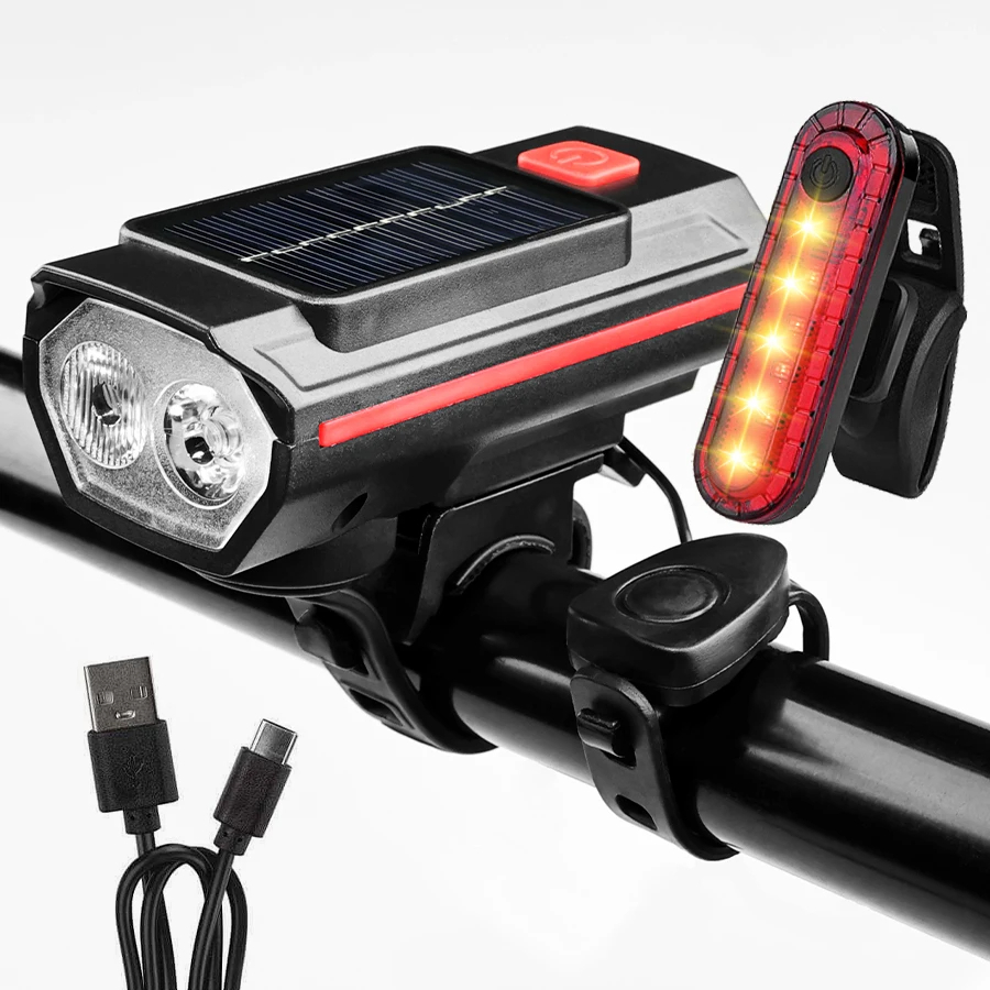 Luz Solar para bicicleta con bocina, 120dB, TYPE-C, recargable, lámpara frontal para bicicleta de montaña y carretera, linterna para bicicleta de 1200 mah: BLANCO