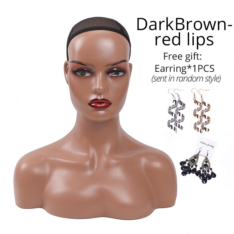 Plussign Realistic Half Body Double Shoulder Pvc Training Mannequin Heads For Display Wigs Hat Jewelry Practice Model Head: red lips-Dark Brown