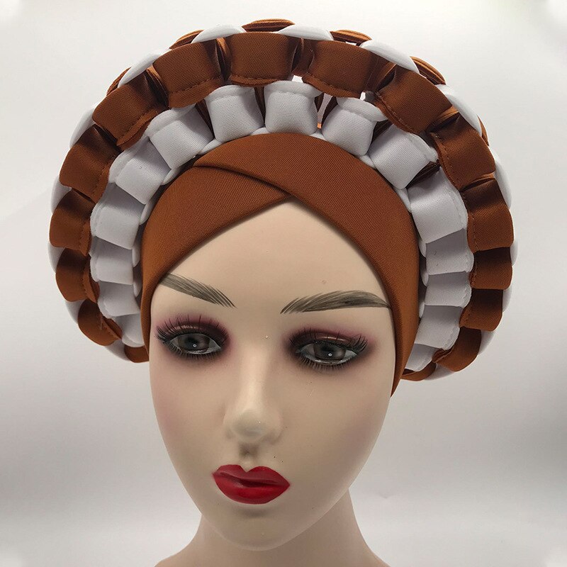 Double Color Handmade Auto Gele Head Ties Already Made Ladies Nigerian African Headtie Female Head Wraps Wedding Gele Headwear: 9