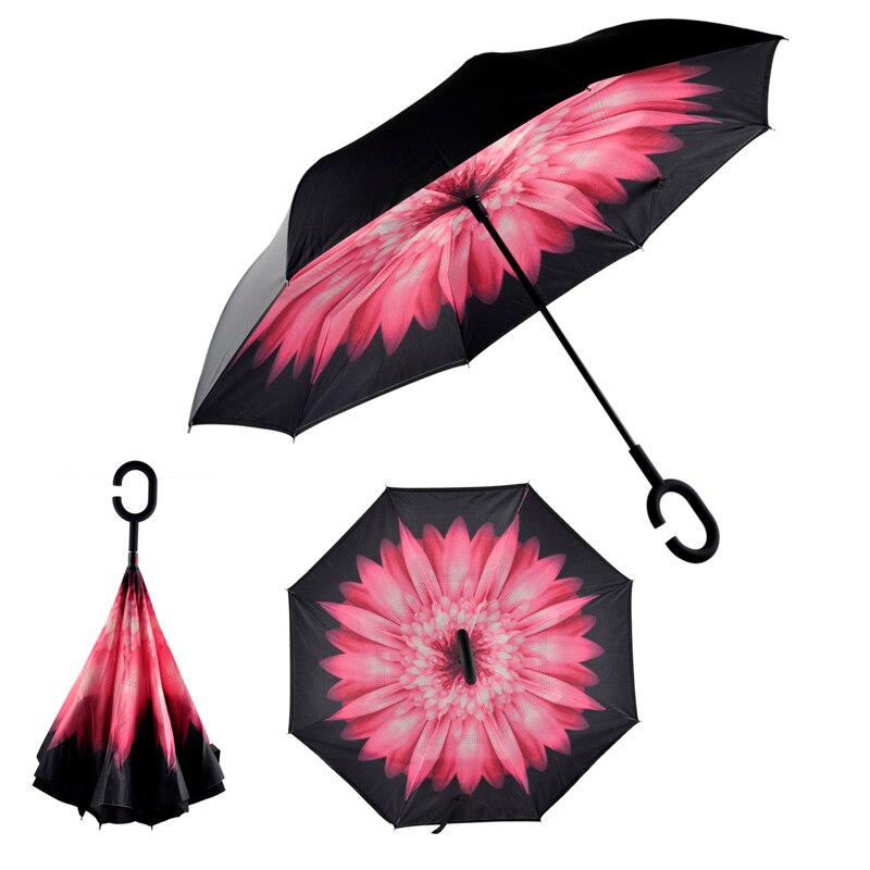Windproof Folding Double Layer Sun Women Rain Inverted Umbrella Reverse Umbrella Self Stand Wind Proof C-Hook Hands