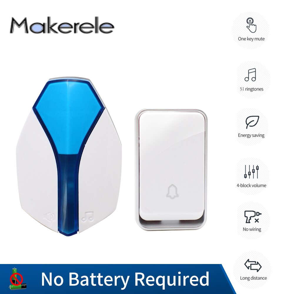 EU Plug Wireless Self-powered Smart LED Light Doorbells Button and Receiver No Battery Requiring with 1/2 Button 1/2 Receiver