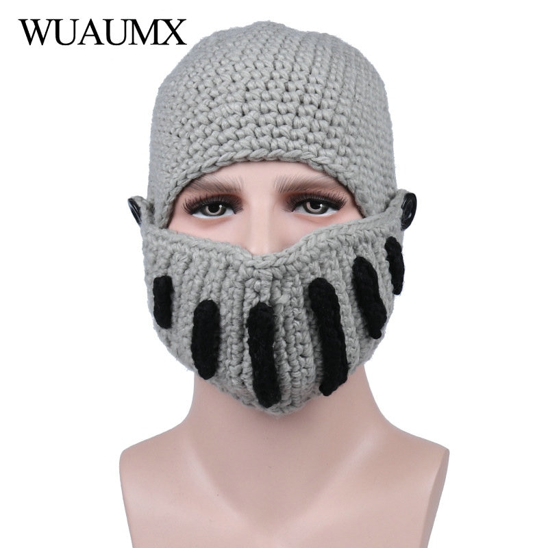 Wuaumx-gorro romano de invierno para hombre, gorro con máscara cálida, de punto, hecho a mano, máscara de Gladiador, czapka zimow