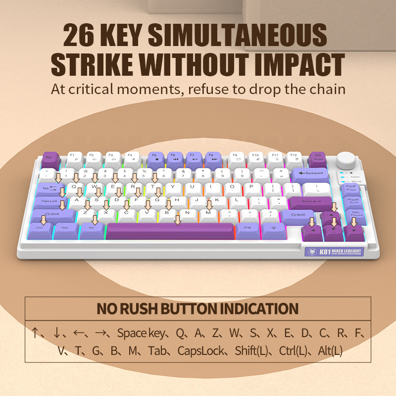 Tastatur K81 Spielen-Tastatur 81 Tasten 80 % Layout Spanisch Russisch Koreanisch Arabisch Tastatur USB-Kabel RGB-Licht Lautstärkeregler Ergonomie