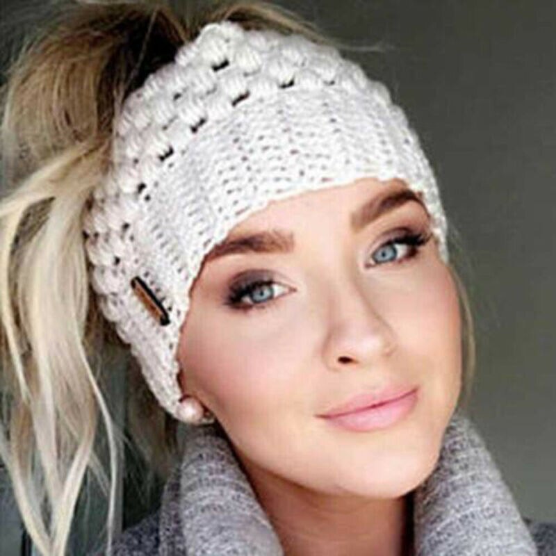 Kvinder piger stretch strik hat rodet høj bolle hestehale beanie varm hul heste hestehale stretchy strik hæklet kraniet cap