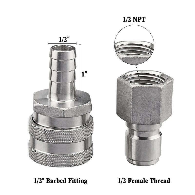 Stainless Steel Quick Disconnect Set, Male QD-1/2&quot; Female NPT, Female QD-1/2&quot; Hose Barb,Homebrew Fittings