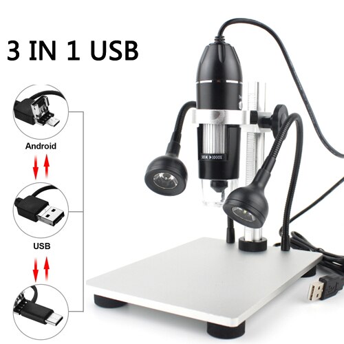 1600X 1000X USB Digital Microscope Electron Microscopes Zoom Camera Magnifier with Aluminum Lift Stand for electronic soldering: 1000X / 3 IN 1 USB