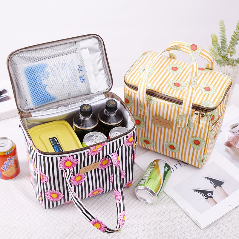 Bolsa de almuerzo portátil con dibujos animados para niños y mujeres, bolso enfriador de bento, bolsa térmica de flores para desayuno, caja de comida, bolso de viaje para picnic