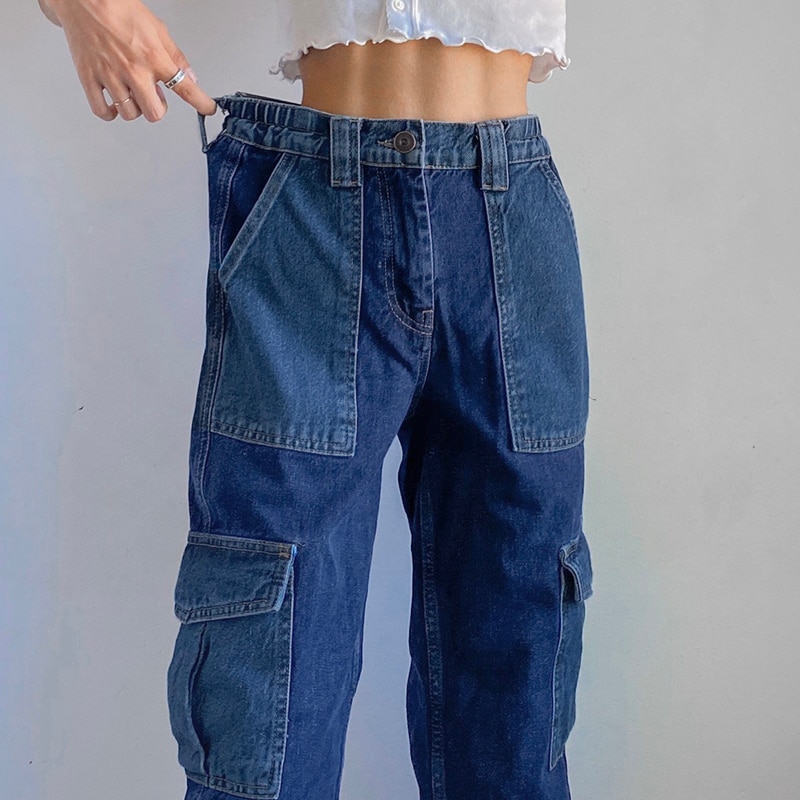 Rapcopter store lommer jeans kvinner  y2k bukser høy midje bukser blå denim glidelås jeans 90s lappede cargo bukser pop streetwear
