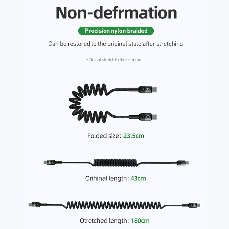 MCDODO Retractable Car Spring Type C To Type C 3A Cable For Samsung Xiaomi Huawei PD 60W 3.0 Fast Charging Cable LED Data Cord