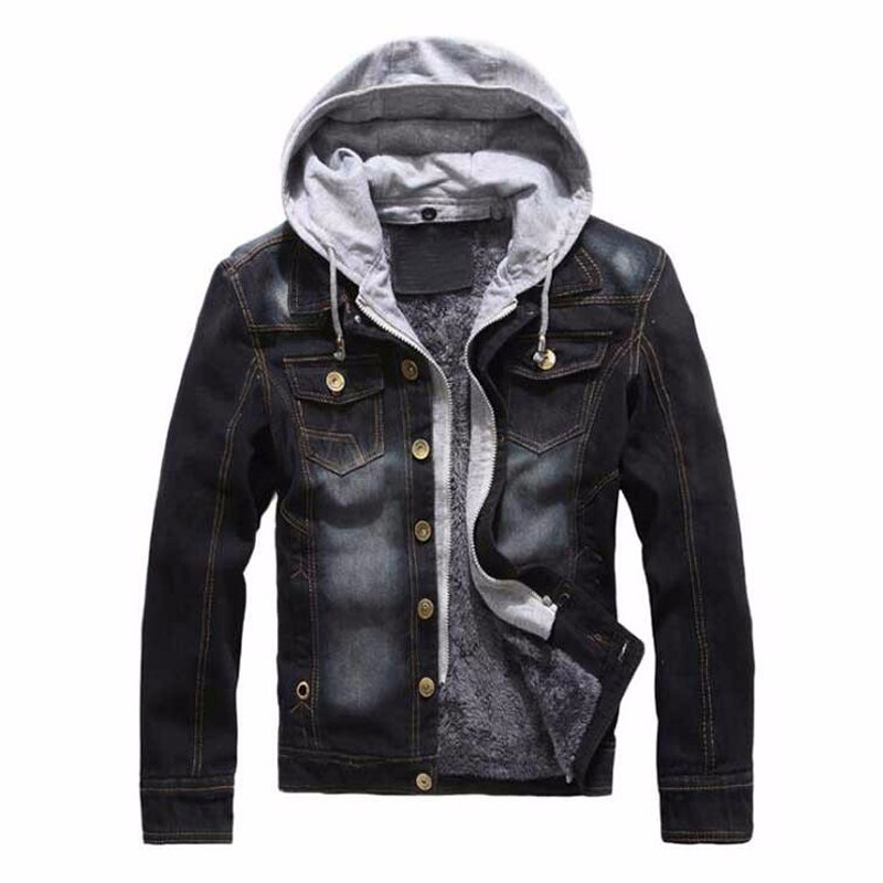 Herr vinter herr jeans jacka tjocka jeansjackor herr luva fleece varm jacka jean för herr: Svart / Xl