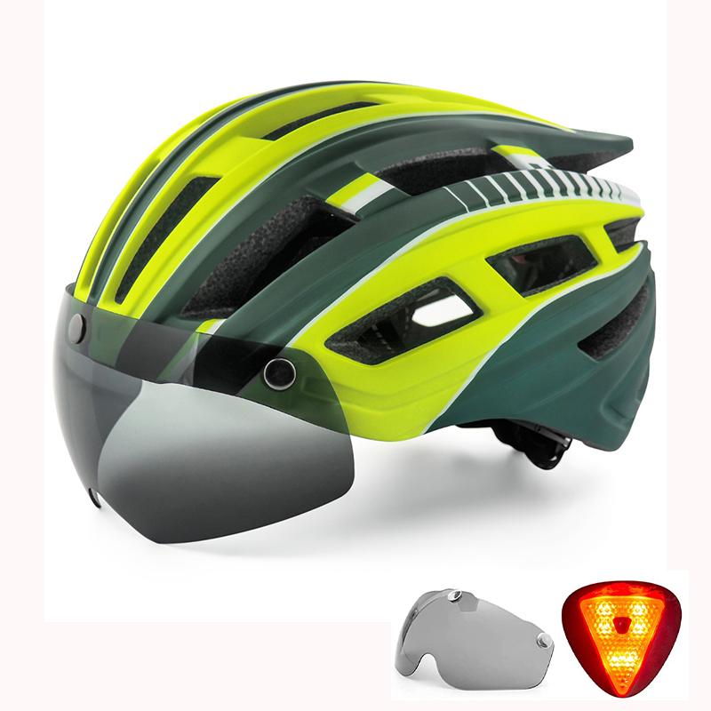 Casco de bicicleta, casco de bicicleta con luz trasera y gafas magnéticas desmontables y mochila portátil Casco de ciclismo ligero ajustable para adultos Hombres Mujeres Montaña y carretera