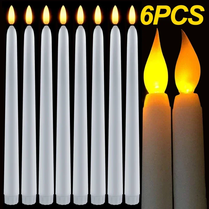 Bougies électroniques LED sans flamme, alimentées par batterie, longue bougie conique, pour fête, mariage, décoration de la maison, lampe clignotante, 3/6 pièces