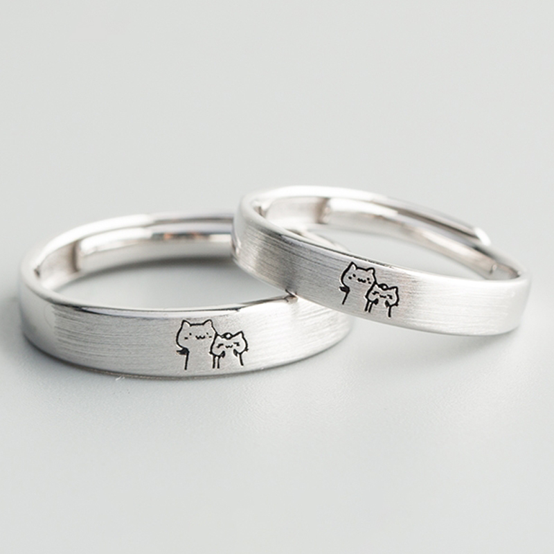 1 par de anillos de pareja de gatitos, bonito anillo abierto de plata para mujeres y hombres, anillos de dedo ajustables, de joyería de aniversario para amantes románticos