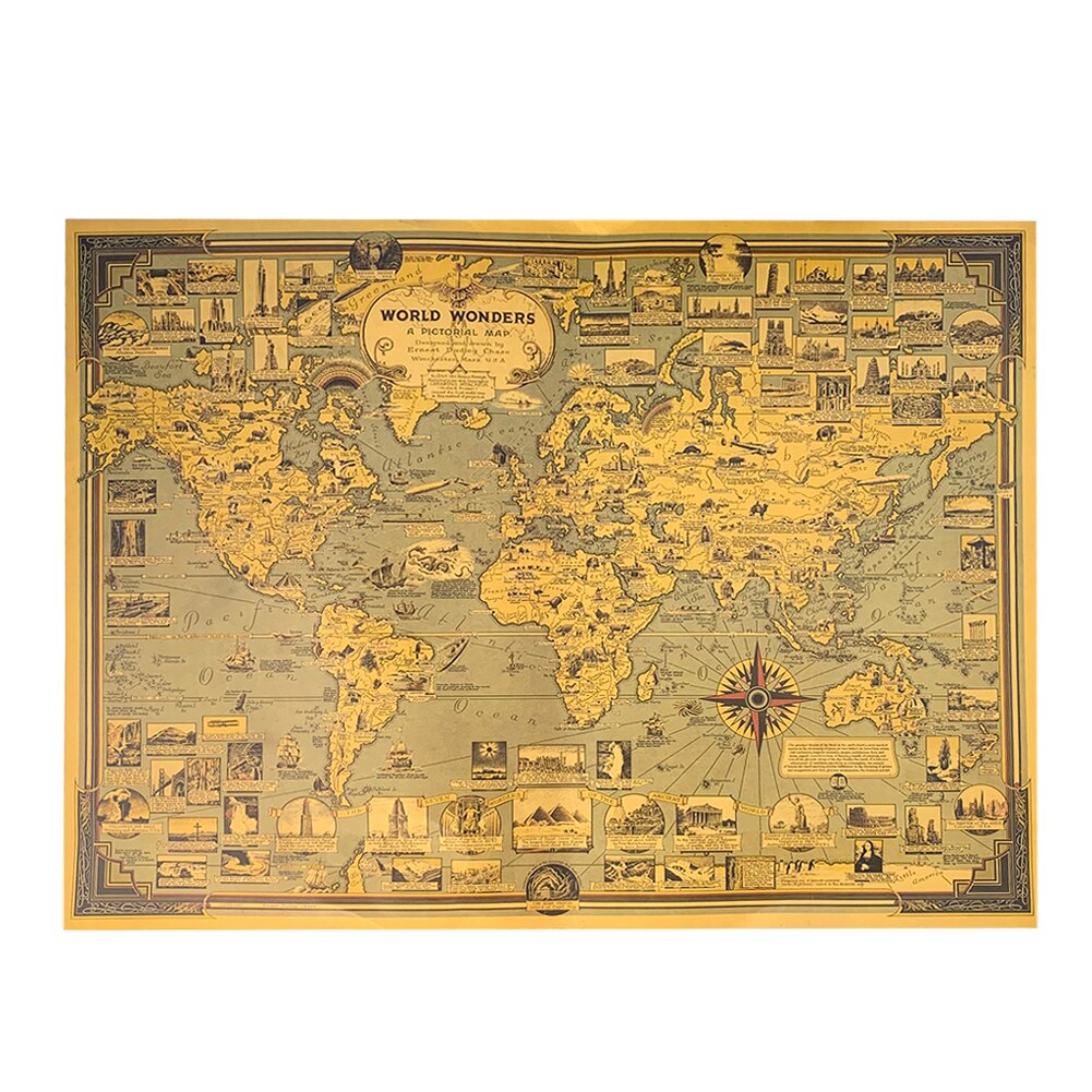 World Wonders Architectural Miracle Landmark Map Kraft Retro Paper Poster HD Printing Geography Classroom Wall Sticker Decor