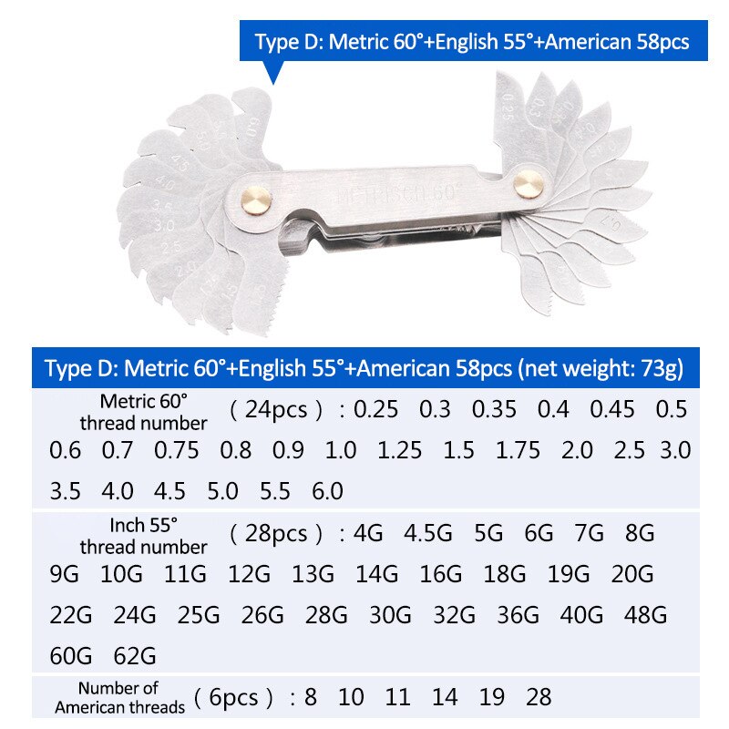55-60 Graden Metrische Inch Schroefdraad Pitch Gauge Blade Gage Pitch Vouwen Voor Meten Gauging Tool Rvs schroef Gaug: 58pcs