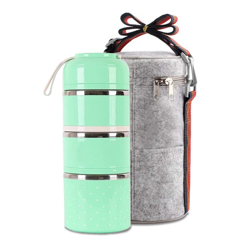 3 Tier Stainless Steel Lunchbox Insulation Food Soup Container Lunch Box Bag Portable Outdoor Bento Leak-Proof Kitchen 3 Layer: Green