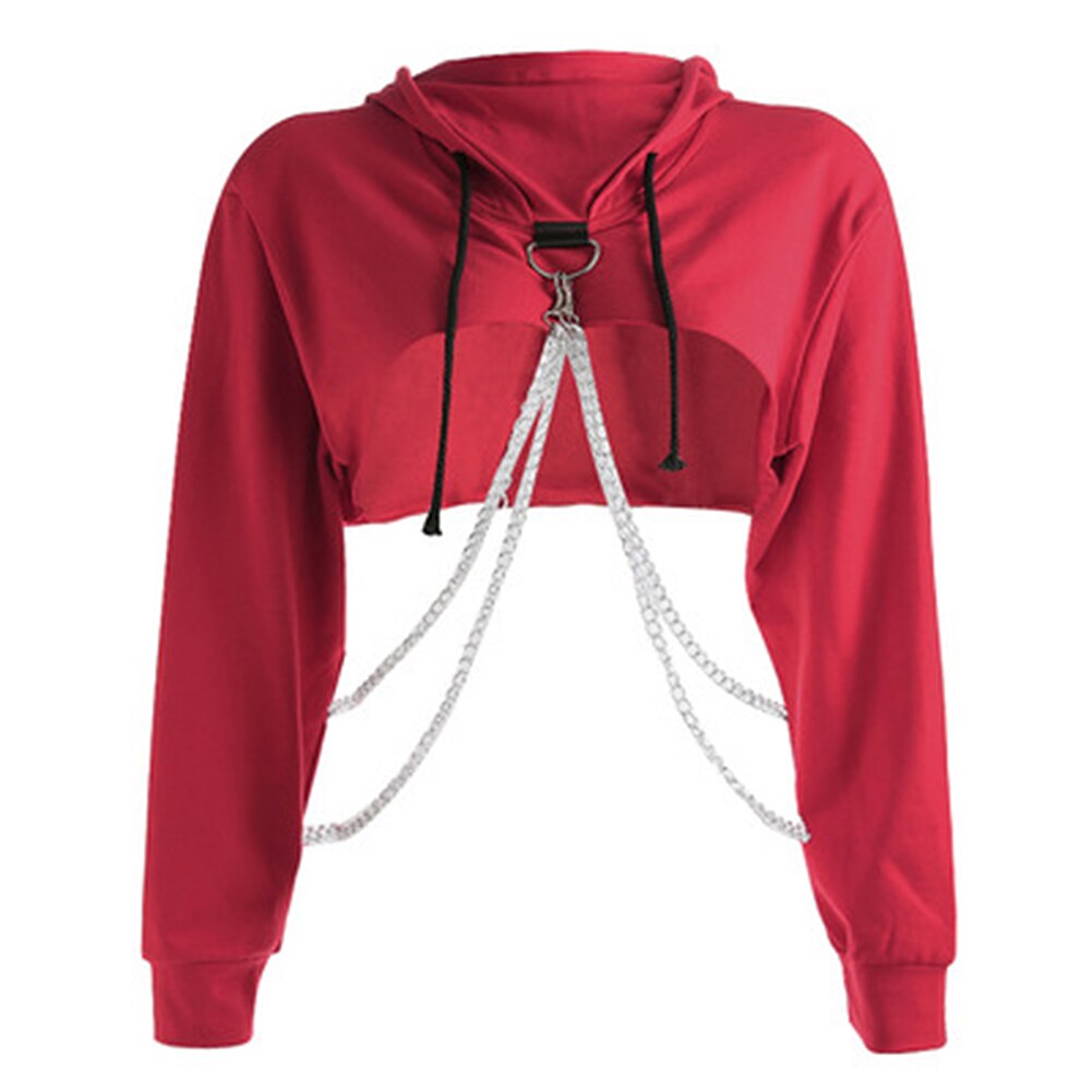 Cadena sudadera camiseta pantalón corto Casual sudaderas con capucha ropa de calle Punk suelto de manga larga de las mujeres costura Sudadera con capucha corta con capucha cosecha: M / Rojo