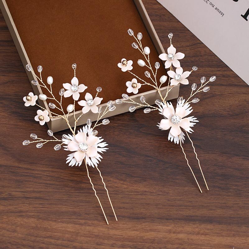 Korean Handmade Flower Crystal Pearls Hairpins Hair Combs Earrings Jewelry Sets for Women Girls Bride Wedding Party