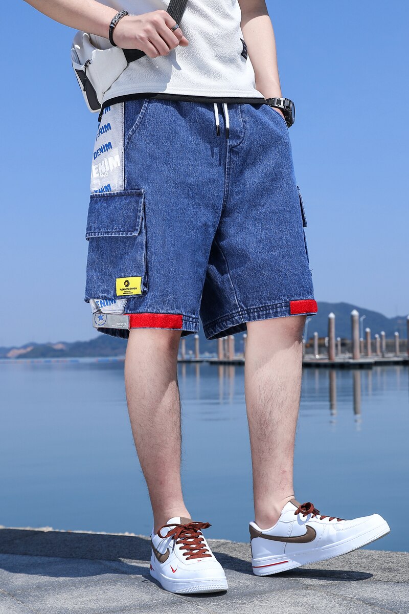 Cargo jean shorts sommer multi lommer halv jeans street wear korte denim jeans: Xxl
